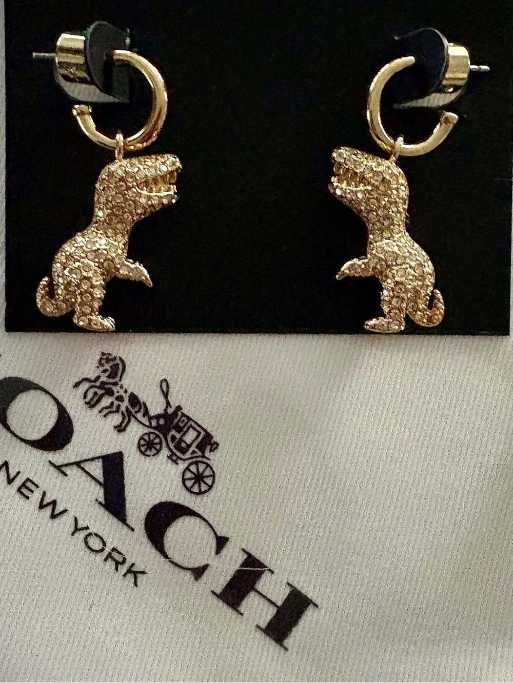 Coach Gold Pavé Rexy Charm Huggie Drop Earrings w/Dustbag NWT - Picture 6 of 8